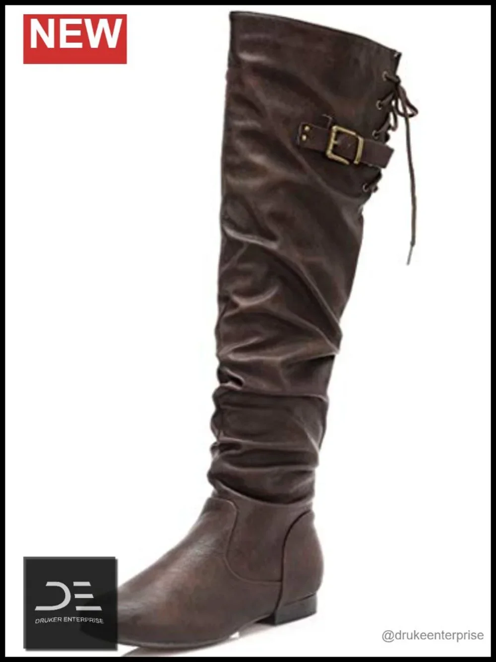 Over the Knee Slouch Thigh Boots, Faux Leather, Flat Heel, Side Zip
